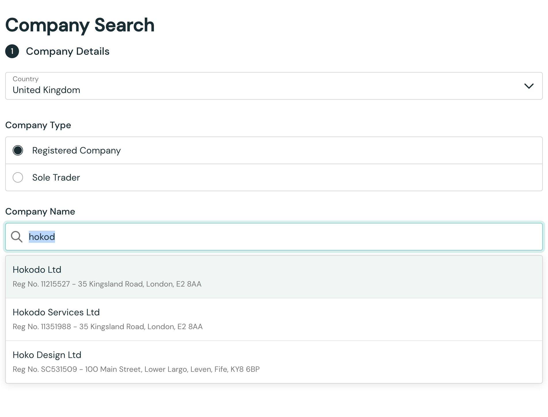The Company Search element with 'Dyson' entered and a list of matches