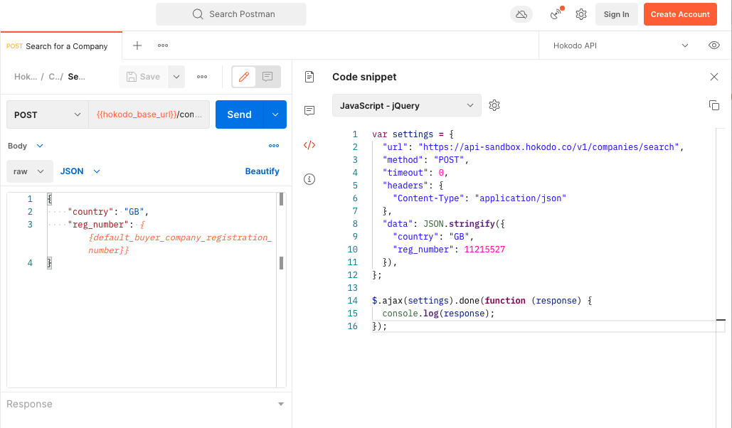 The Postman UI with the Organisations request open. The 'tests' section is selected and there's some code checking the status and setting a variable to contain the Organisation ID.