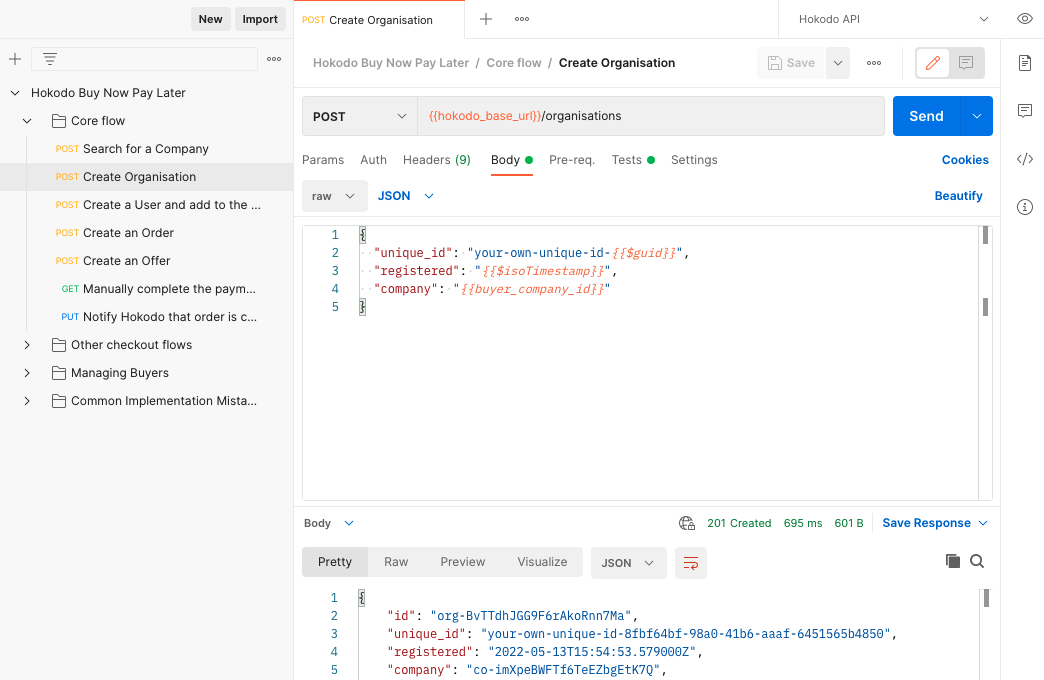 A screen with HTTP request names in a sidebar on the left, and the request and response bodies in the central pane. The requests are for the Hokodo BNPL Happy Path and the request selected is for Organisation Create.