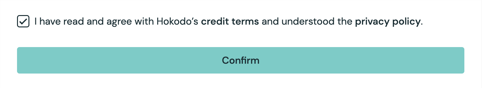 A part of the Hokodo Checkout Element, showing a Ts and Cs checkbox, and a Confirm button.