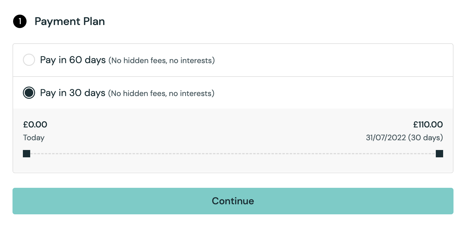 A part of the Hokodo Checkout Element, showing a radio button list of payment plans. One is selected.